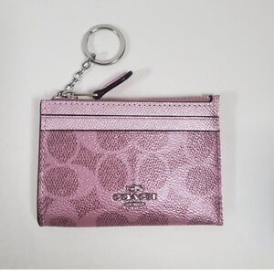Coach Mini Skinny Id Case In Signature Canvas Pink Metallic